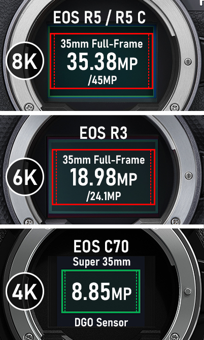 The image sensor sizes of the EOS r5, EOS R5 C, EOS R3, EOS C70