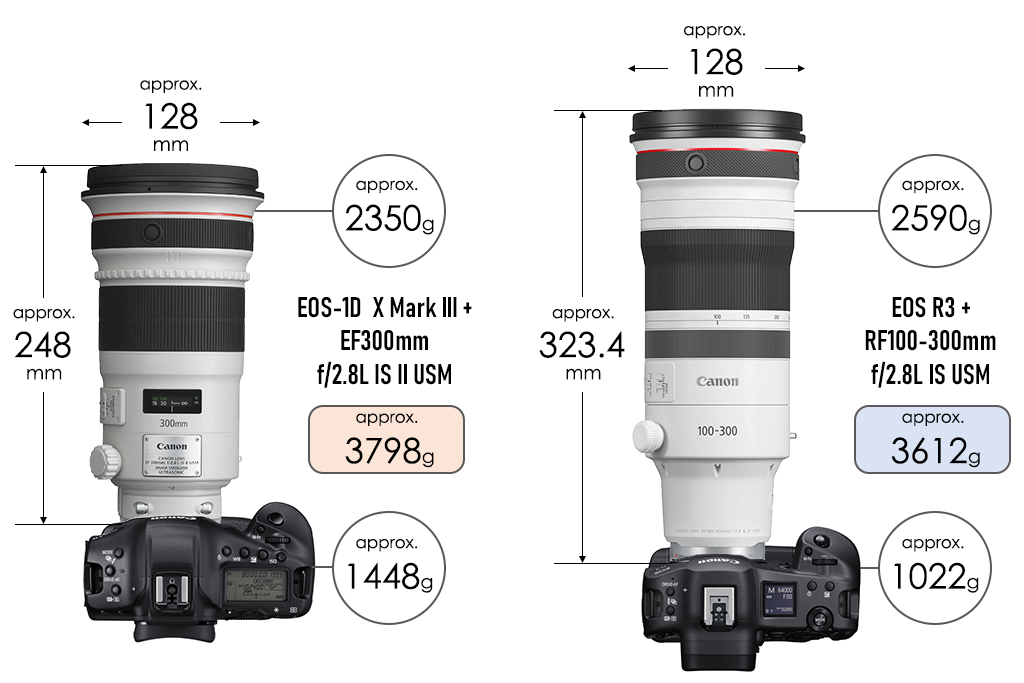 Comparing size and weight of EOS R3 + RF100-300mm f/2.8L IS USM with EOS-1D X Mark III + EF300mm f/2.8L IS II USM