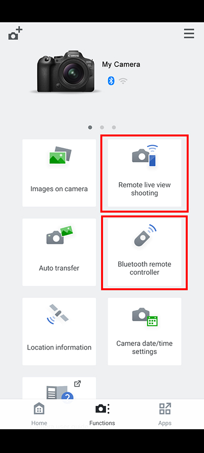 Functions for remote control shooting on the Camera Connect smartphone app